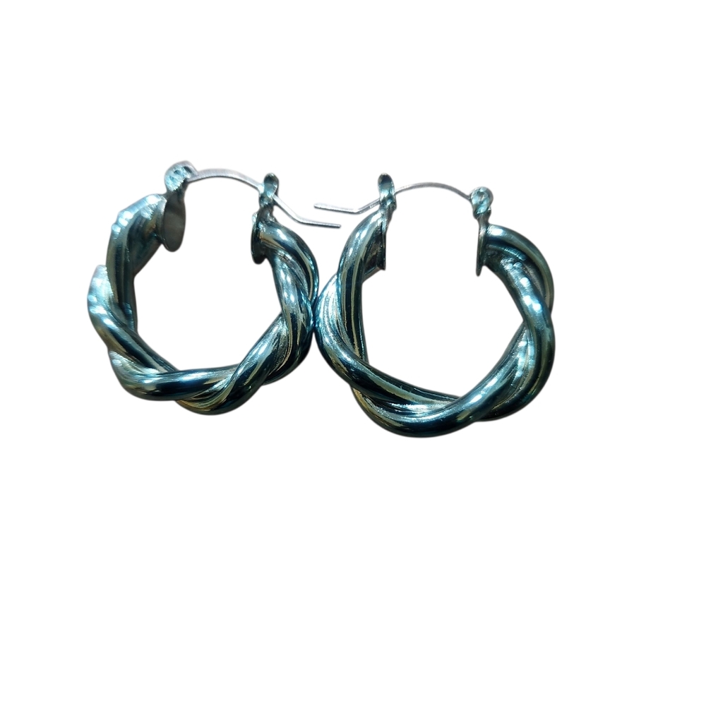 Metallic Blue Twisted Silver Hoop Earrings